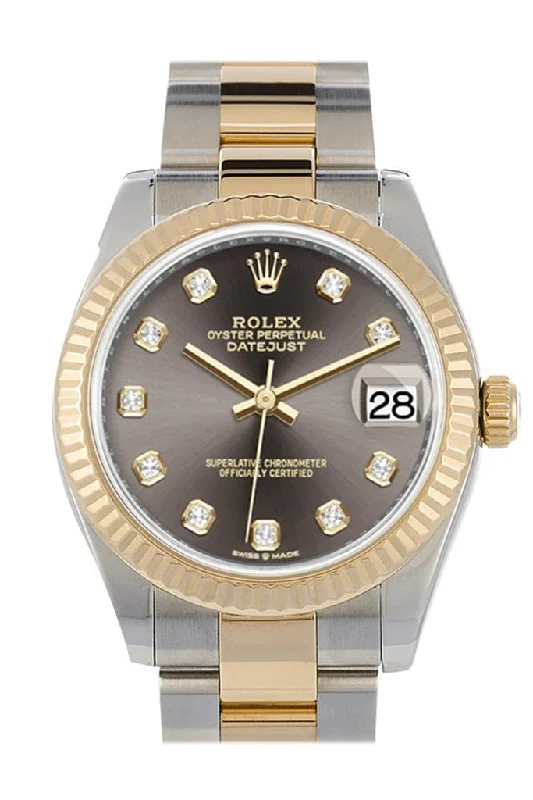 Leather Cuff Watches for a Bohemian LookRolex Datejust 31 Dark Grey Diamonds Dial Fluted Bezel 18K Yellow Gold Two Tone Watch 278273 NP