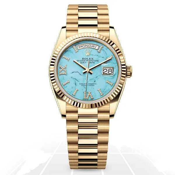 Watches with Baton-Style Hands for a Classic LookRolex	Day-Date 36 "Turquoise" 128238