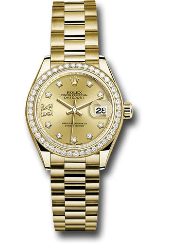 Leather Band Watches with Quick-Release BucklesRolex Yellow Gold Lady-Datejust 28 Watch - 44 Diamond Bezel - Champagne Diamond Star Dial - President Bracelet - 279138RBR ch9dix8dp