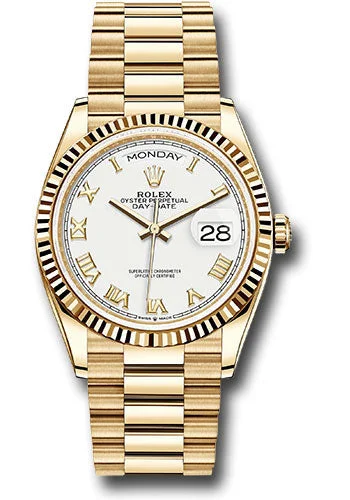 Watches with Power Reserve Indicator (for mechanical)Rolex Yellow Gold Day-Date 36 Watch - Fluted Bezel - White Roman Dial - President Bracelet - 128238 wrp