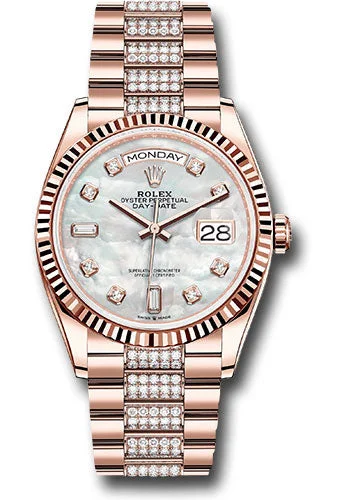 Watches with Dauphine-Style Hands for an Elegant LookRolex Everose Gold Day-Date 36 Watch - Fluted Bezel - White Mother-Of-Pearl Diamond Dial - Diamond President Bracelet - 128235 mddp