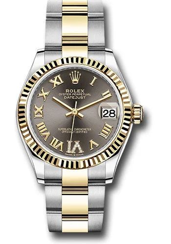 Watches with Engraved Dials for PersonalizationRolex Steel and Yellow Gold Datejust 31 Watch - Fluted Bezel - Dark Grey Diamond Roman Six Dial - Oyster Bracelet 278273 dkgdr6o