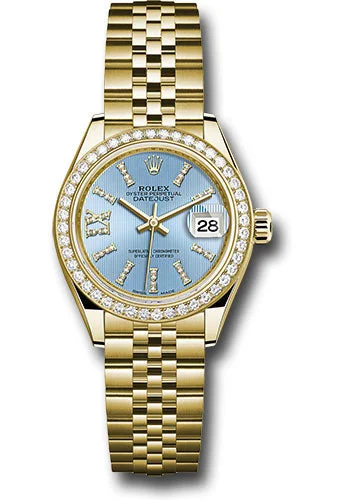 Leather Cuff Watches for a Bohemian LookRolex Yellow Gold Lady-Datejust 28 Watch - 44 Diamond Bezel - Cornflower Blue Stripe Diamond Index Dial - Jubilee Bracelet - 279138RBR cbls36dix8dj