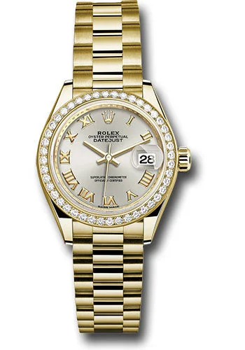 Men’s Dress Watches with Slim ProfilesRolex Yellow Gold Lady-Datejust 28 Watch - 44 Diamond Bezel - Silver Roman Dial - President Bracelet - 279138RBR srp