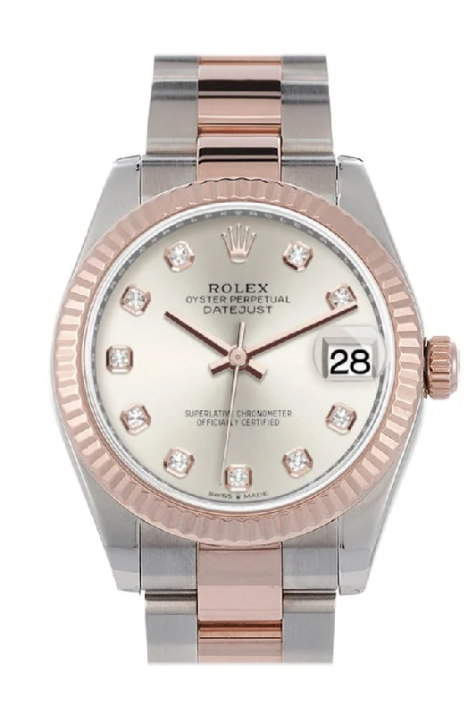 Waterproof Diving Watches with Rotating BezelRolex Datejust 31 Silver Diamond Dial Fluted Bezel 18K Everose Gold Two Tone Watch 278271