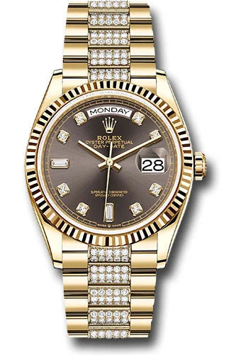 Waterproof Diving Watches with Rotating BezelRolex Yellow Gold Day-Date 36 Watch - Fluted Bezel - Dark Grey Diamond Dial - Diamond President Bracelet - 128238 dkgrddp