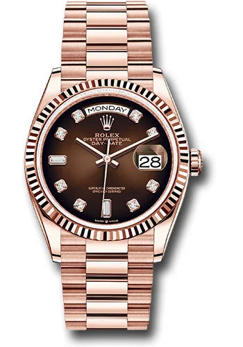 Watches with Dauphine-Style Hands for an Elegant LookRolex Everose Gold Day-Date 36 Watch - Fluted Bezel - Brown Ombre« Diamond Dial - President Bracelet - 128235 brodp