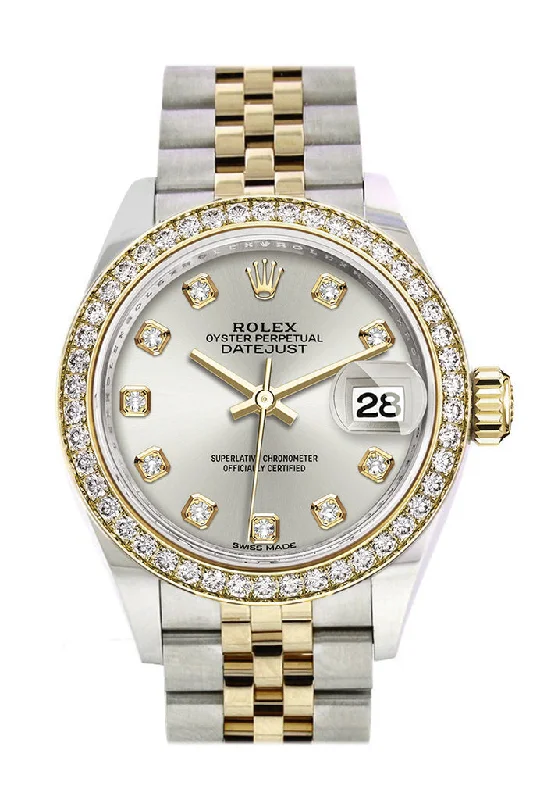 Round Dial Watches with Roman NumeralsRolex Datejust 28 Silver set with diamonds Dial Diamond Bezel Yellow Gold Jubilee Ladies Watch 279383RBR 279383