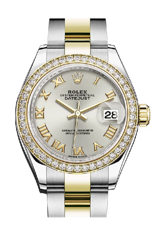 Watches with Braided Straps for a Handmade TouchRolex Datejust 28 Silver Roman Dial Diamond Bezel Yellow Gold Ladies Watch 279383RBR 279383