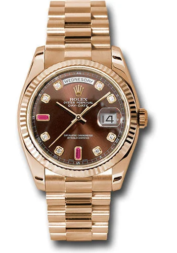 Outdoor Adventure Watches with CompassRolex Everose Gold Day-Date 36 Watch - Fluted Bezel - Chocolate Diamond And Ruby Dial - President Bracelet - 118235 chodrp