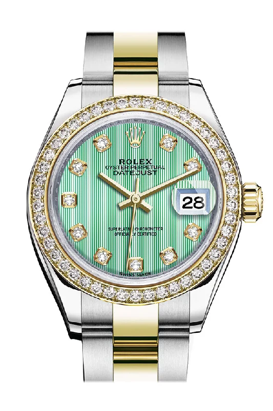 Titanium Cased Watches for Lightweight ComfortRolex Datejust 28 Mint Green set with diamonds Dial Diamond Bezel Yellow Gold Ladies Watch 279383RBR 279383