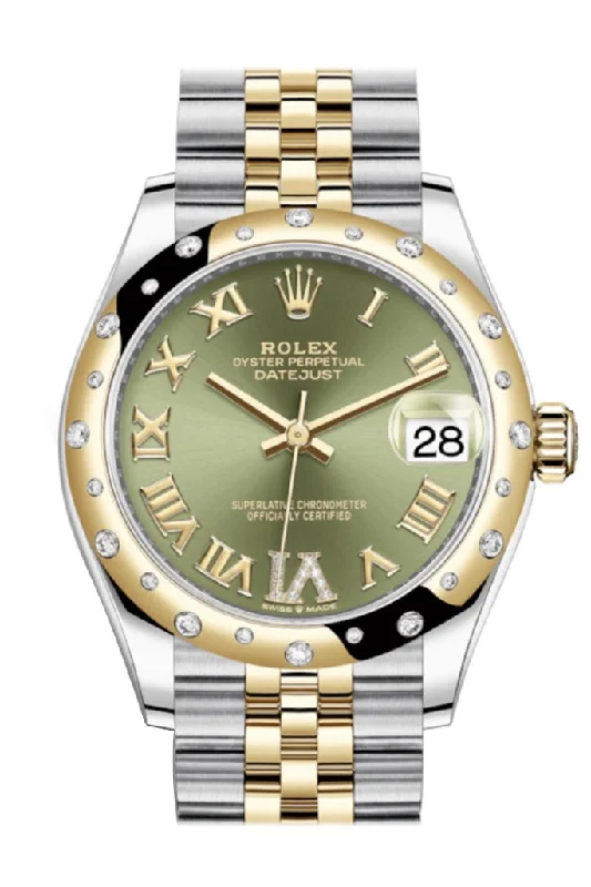 Military Style Watches with Luminescent HandsRolex Datejust 31 Olive green Large VI diamonds Dial Diamond Bezel Jubilee Yellow Gold Two Tone Watch 278343RBR 278343 NP