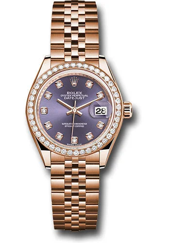 Military Style Watches with Luminescent HandsRolex Everose Gold Lady-Datejust 28 Watch - 44 Diamond Bezel - Aubergine Diamond Dial - Jubilee Bracelet - 279135RBR adj