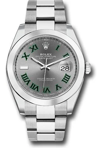 Watches with Luminous Markers for Night VisibilityRolex Steel Datejust 41 Watch - Smooth Bezel - Slate Green Roman Dial - Oyster Bracelet - 126300 slgro