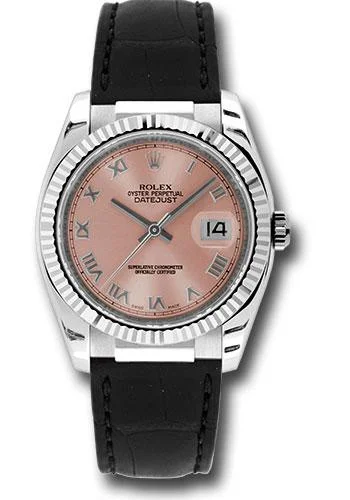 Watches with Silicone Straps for a Soft FeelRolex White Gold Datejust 36 Watch - Fluted Bezel - Pink Roman Dial - Black Leather - 116139 prb