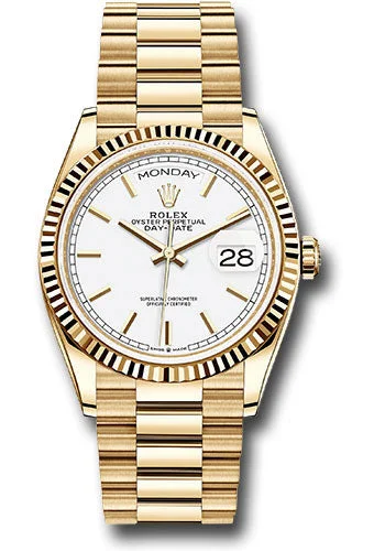 Dressy Watches for Evening EventsRolex Yellow Gold Day-Date 36 Watch - Fluted Bezel - White Index Dial - President Bracelet - 128238 wip