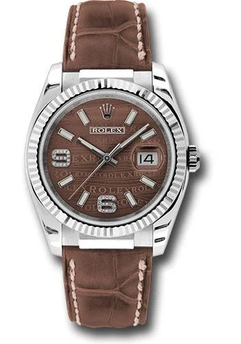 Watches with Braided Straps for a Handmade TouchRolex White Gold Datejust 36 Watch - Fluted Bezel - Brown Wave Diamond 6 And 9 Arabic Dial - Brown Leather - 116139 brwdab