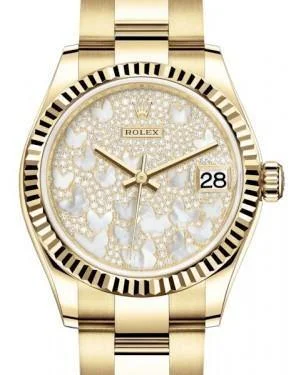 Leather Band Watches with Quick-Release BucklesRolex Datejust 31 Lady Midsize Yellow Gold Diamond Pave Mother of Pearl Butterfly Dial & Fluted Bezel Oyster Bracelet 278278