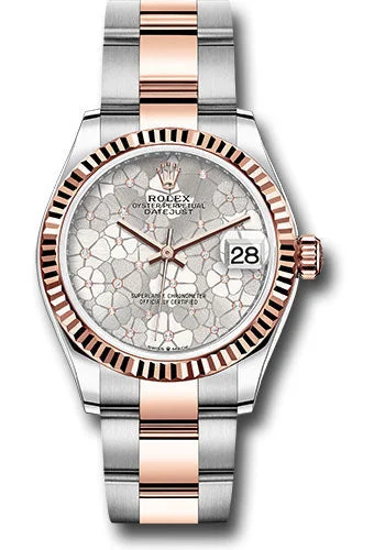 Adjustable Strap Watches for Perfect FitRolex Everose Rolesor Datejust 31 Watch - Fluted Bezel - Silver Floral Motif Diamond Dial - Oyster Bracelet 278271 sflomdo