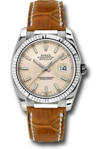 Luxury Brand Automatic Watches for MenRolex White Gold Datejust 36 Watch - Fluted Bezel - Pink Index Dial - Brown Leather - 116139 psb