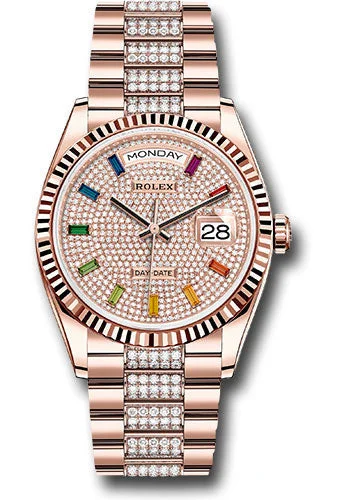 Watches with Silicone Straps for a Soft FeelRolex Everose Gold Day-Date 36 Watch - Fluted Bezel - Diamond-Paved Dial - Diamond President Bracelet - 128235 dprsdp