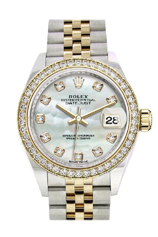 Classic Style Watches for Timeless AppealRolex Datejust 28 White mother-of-pearl set with diamonds Dial Diamond Bezel Yellow Gold Jubilee Ladies Watch 279383RBR 279383