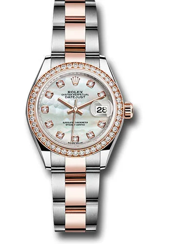 Military Style Watches with Luminescent HandsRolex Steel and Everose Gold Rolesor Lady-Datejust 28 Watch - Diamond Bezel - White Mother-Of-Pearl Diamond Dial - Oyster Bracelet - 279381RBR mdo