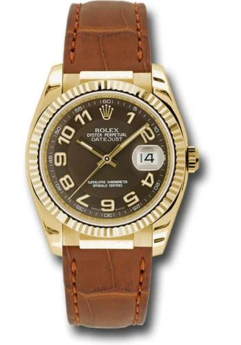 Watches with Glossy Finish Cases for a Shiny AppealRolex Yellow Gold Datejust 36 Watch - Fluted Bezel - Brown Arabic Dial - Brown Leather - 116138 brab