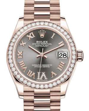 Watches with Multiple Time Zone DisplaysRolex Lady-Datejust 31 Rose Gold Rhodium Roman Diamond VI Dial & Diamond Bezel President Bracelet 278285RBR