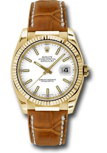 Dressy Watches for Evening EventsRolex Yellow Gold Datejust 36 Watch - Fluted Bezel - White Index Dial - Brown Leather - 116138 wsb