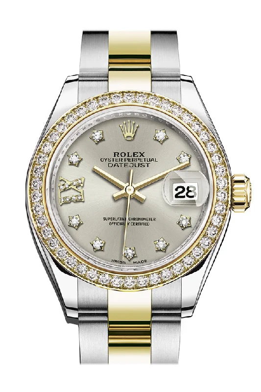 Watches with Silicone Straps for a Soft FeelRolex Datejust 28 Silver Diamond Star Dial Diamond Bezel Yellow Gold Ladies Watch 279383RBR 279383