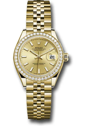 Wristwatches with Second Time Zone FeatureRolex Yellow Gold Lady-Datejust 28 Watch - 44 Diamond Bezel - Champagne Index Dial - Jubilee Bracelet - 279138RBR chij