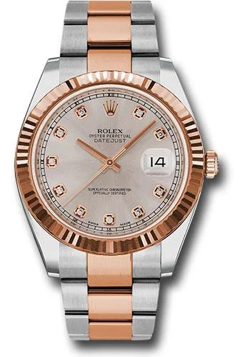 Watches with Engraved Dials for PersonalizationRolex Steel and Everose Rolesor Datejust 41 Watch - Fluted Bezel - Sundust Diamond Dial - Oyster Bracelet - 126331 sudo