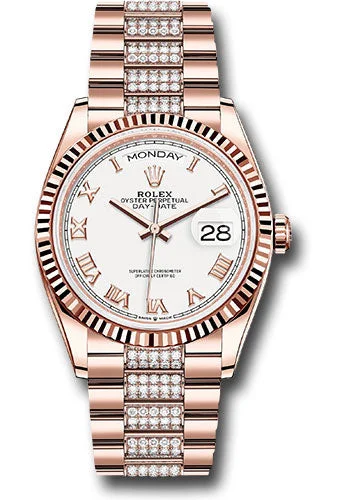 Designer Brand Watches with Unique Dial PatternsRolex Everose Gold Day-Date 36 Watch - Fluted Bezel - White Roman Dial - Diamond President Bracelet - 128235 wrdp