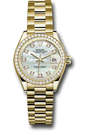 Watches with Two-Tone Cases for a Stylish AppearanceRolex Yellow Gold Lady-Datejust 28 Watch - 44 Diamond Bezel - Mother-of-Pearl Diamond Dial - President Bracelet - 279138RBR mdp