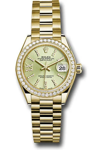 Fashionable Quartz Watches for Women with Leather StrapsRolex Yellow Gold Lady-Datejust 28 Watch - 44 Diamond Bezel - Linden Green Strip Diamond Index Dial - President Bracelet - 279138RBR lings36dix8dp