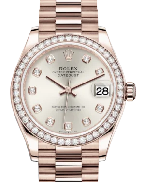 Watches with Stainless Steel PVD Coating for Scratch ResistanceRolex Lady-Datejust 31 Rose Gold Silver Diamond Dial & Diamond Bezel President Bracelet 278285RBR