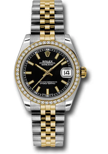 Adjustable Strap Watches for Perfect FitRolex Steel and Yellow Gold Datejust 31 Watch - 46 Diamond Bezel - Black Index Dial - Jubilee Bracelet 178383 bkij