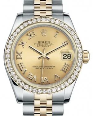 Watches with Baton-Style Hands for a Classic LookRolex Datejust 31 Lady Midsize Yellow Gold/Steel Champagne Roman Dial & Diamond Bezel Jubilee Bracelet 178383