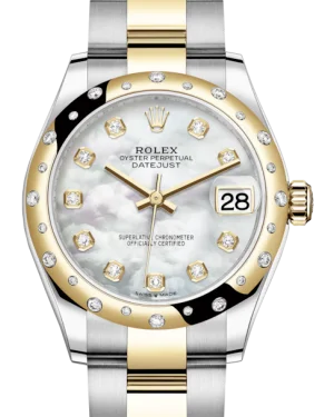 Watches with Two-Tone Cases for a Stylish AppearanceRolex Lady-Datejust 31 Yellow Gold/Steel White Mother of Pearl Diamond Dial & Domed Set with Diamonds Bezel Oyster Bracelet 278343RBR