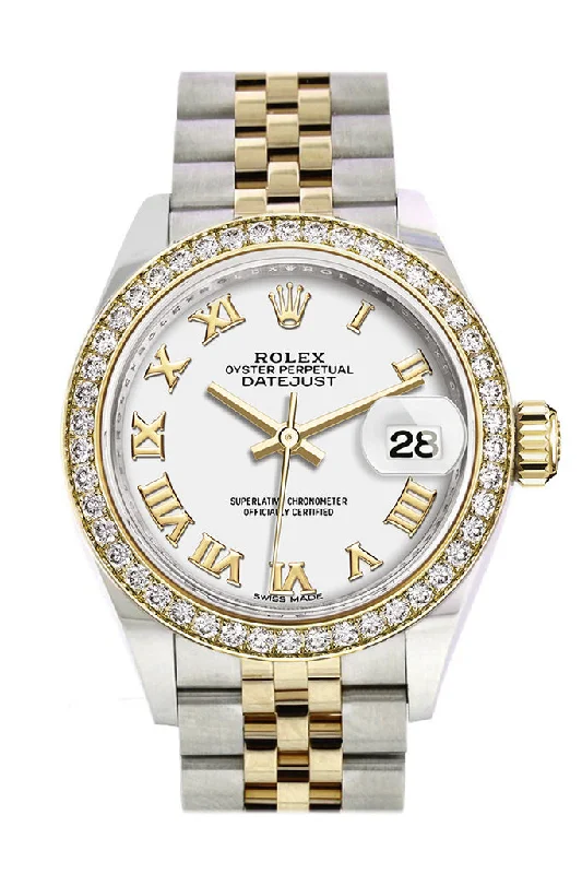 Men’s Watches with Date Display WindowRolex Datejust 28 White Roman Dial Diamond Bezel Yellow Gold Jubilee Ladies Watch 279383RBR 279383