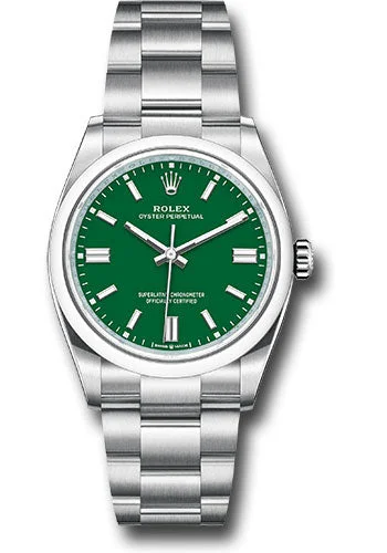 Minimalist Analog Watches for Everyday WearRolex Oyster Perpetual 36 Watch - Domed Bezel - Green Index Dial - Oyster Bracelet - 2020 Release - 126000 greio