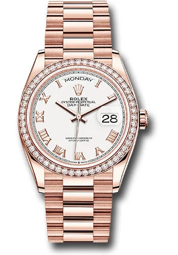 Watches with Luminous Markers for Night VisibilityRolex Everose Gold Day-Date 36 Watch - Diamond Bezel - White Roman Dial - President Bracelet - 128345rbr wrp