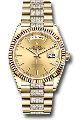 Titanium Cased Watches for Lightweight ComfortRolex Yellow Gold Day-Date 36 Watch - Fluted Bezel - Champagne Index Dial - Diamond President Bracelet - 128238 chidp