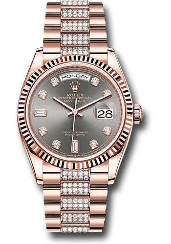 Women’s Dress Watches with Elegant StrapsRolex Everose Gold Day-Date 36 Watch - Fluted Bezel - Slate Diamond Dial - Diamond President Bracelet - 128235 slddp