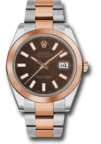 Watches with Luminous Markers for Night VisibilityRolex Steel and Everose Rolesor Datejust 41 Watch - Smooth Bezel - Chocolate Index Dial - Oyster Bracelet - 126301 choio