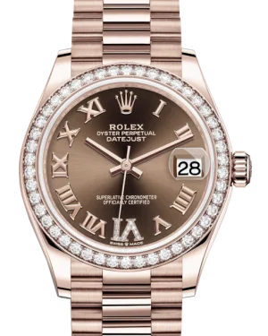 Women’s Dress Watches with Elegant StrapsRolex Lady-Datejust 31 Rose Gold Chocolate Roman Diamond VI Dial & Diamond Bezel President Bracelet 278285RBR