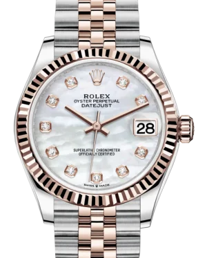 Watches with Two-Tone Cases for a Stylish AppearanceRolex Lady-Datejust 31 Rose Gold/Steel White Mother of Pearl Diamond Dial & Fluted Bezel Jubilee Bracelet 278271