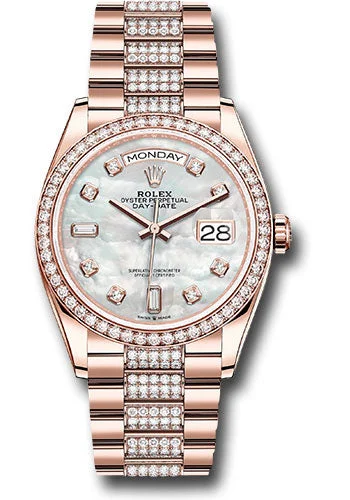 Traveler’s Watches with World Time FunctionRolex Everose Gold Day-Date 36 Watch - Diamond Bezel - White Mother-Of-Pearl Diamond Dial - Diamond President Bracelet - 128345rbr mddp