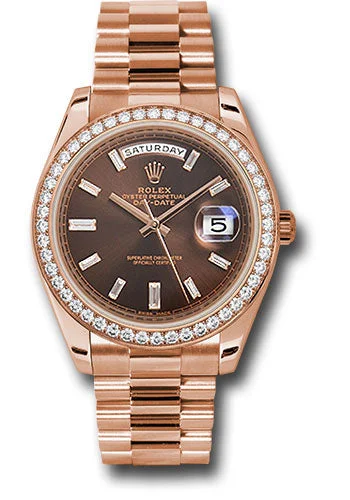 Leather Cuff Watches for a Bohemian LookRolex Everose Gold Day-Date 40 Watch - Everose Gold Bezel - Chocolate Baguette Diamond Dial - President Bracelet - 228345RBR chobdp